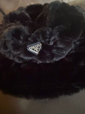Prada Black Plush Faux Fur Bucket Hat with Triangle Logo